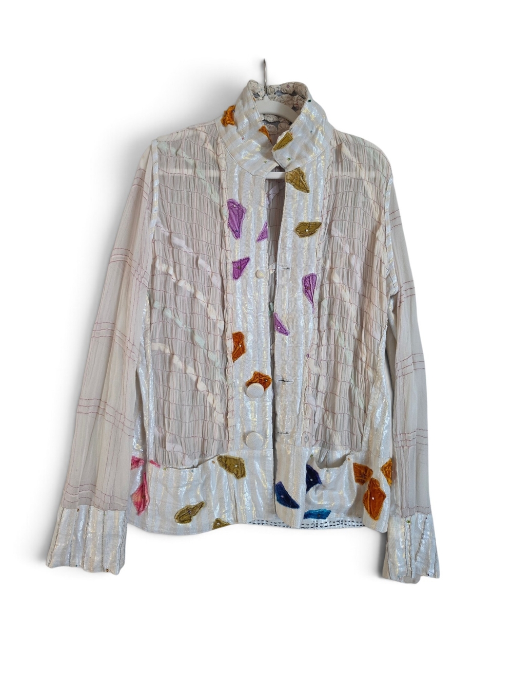 Source Unknown Iridescent Cream Button-Front Jacket with Multicolor Leaf Accents